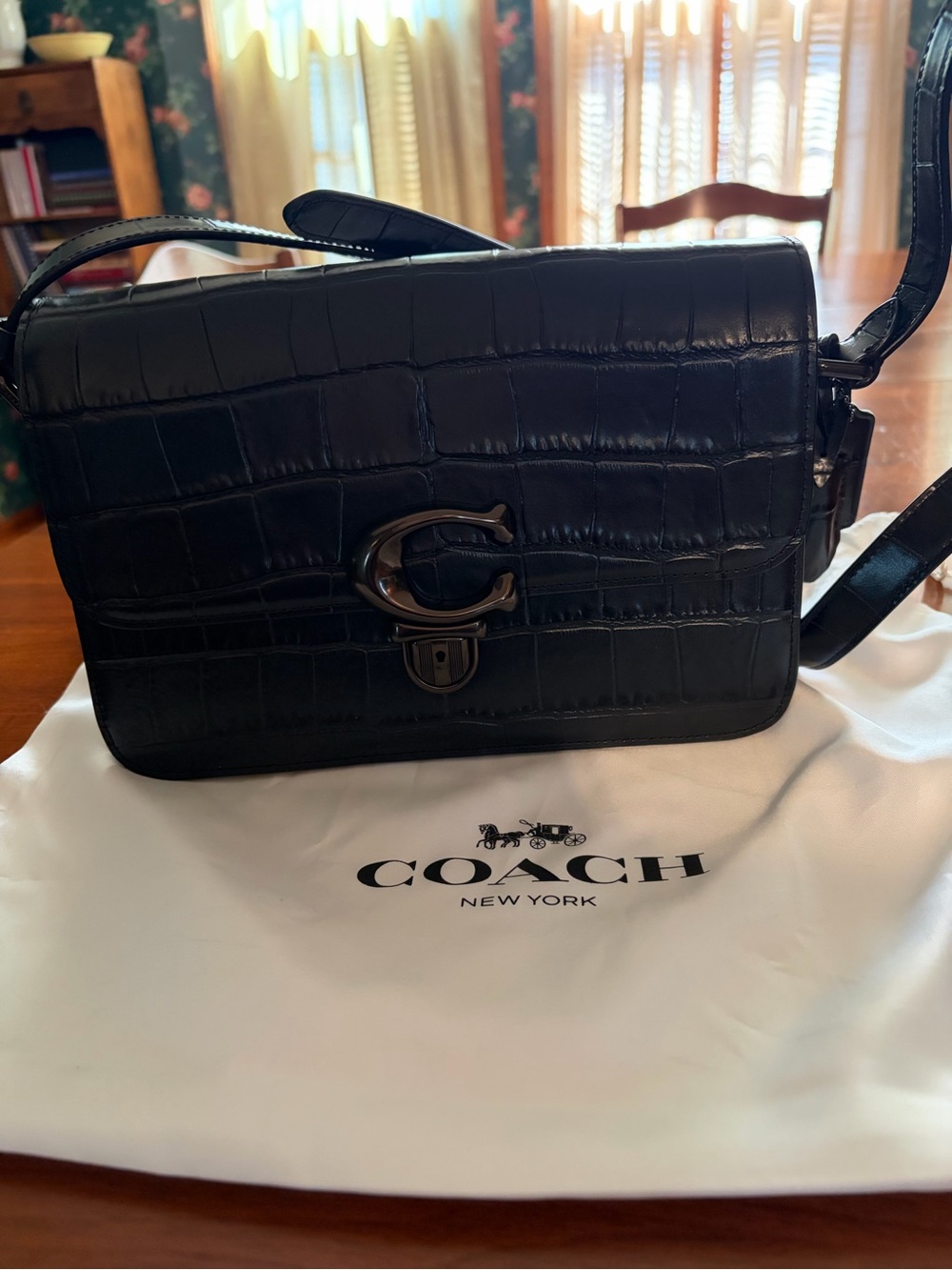 Coach Black Croc-Embossed Leather Crossbody with Signature 'C'
